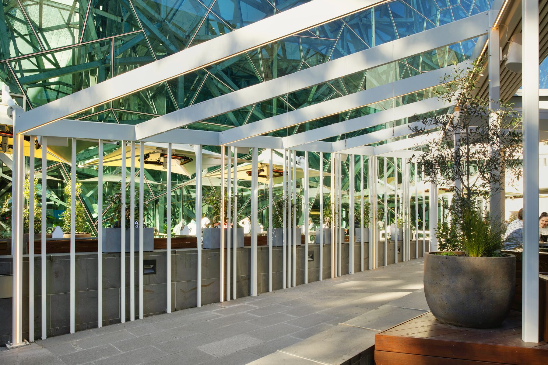 Custom aluminium frame and retractable roof bays at Good Nature, Federation Square