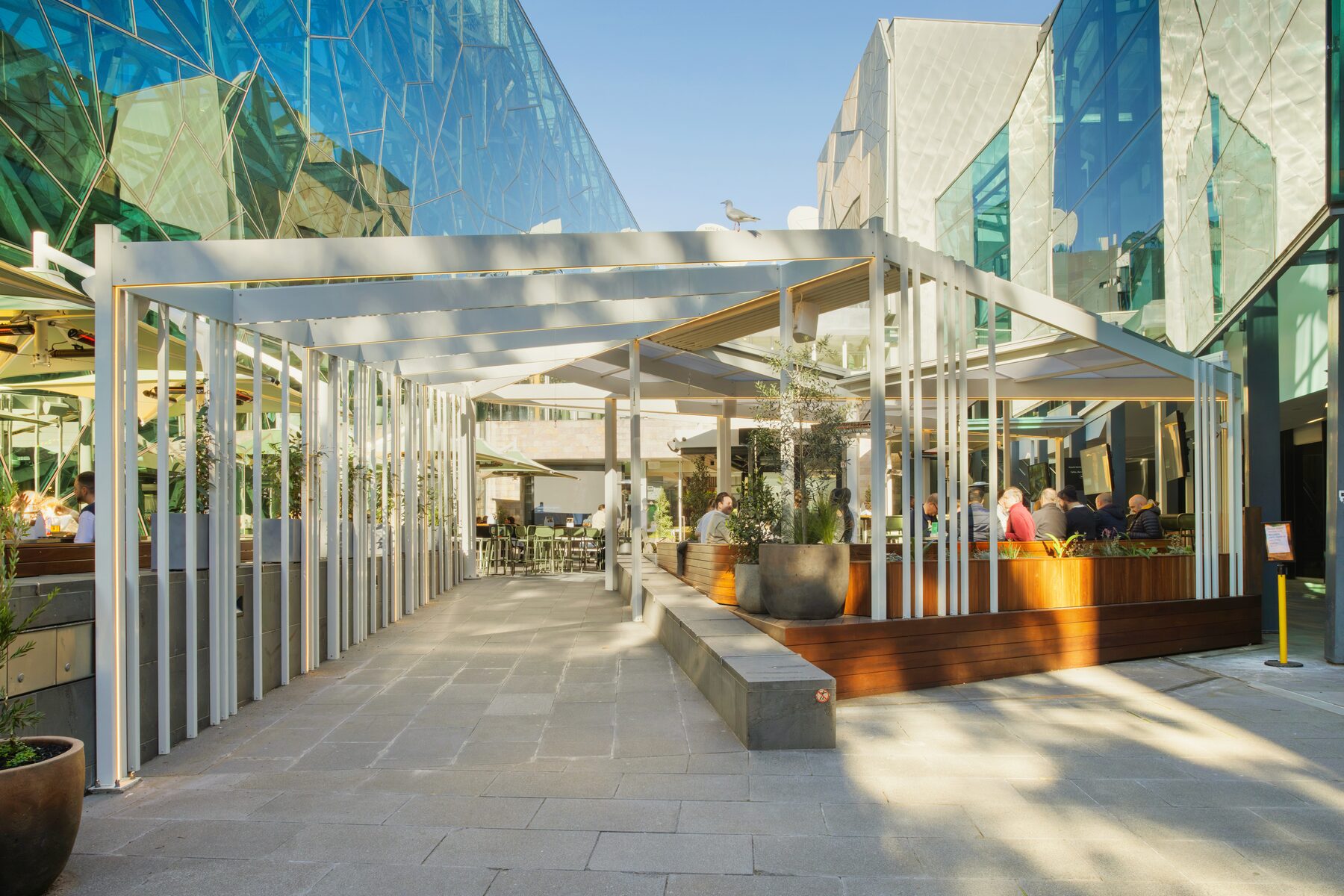 White aluminium shade structure along the Good Nature Hotel frontage