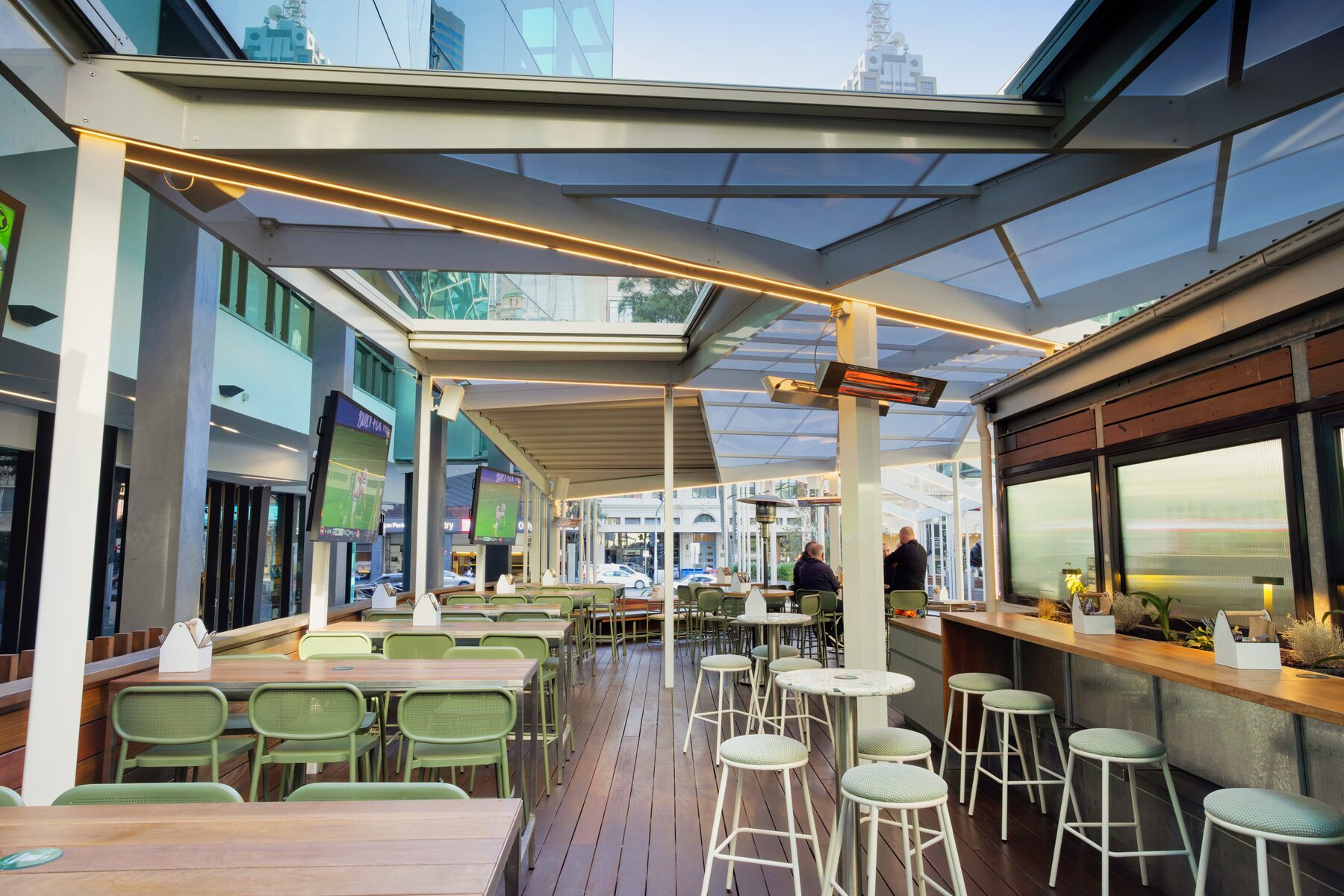Covered outdoor seating at Good Nature Hotel, Federation Square