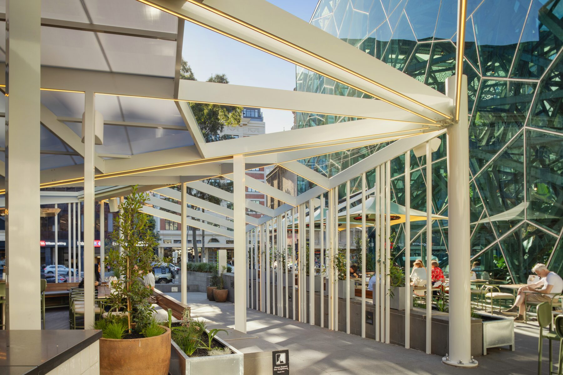 Aluminium shade structure walkway at Good Nature, Federation Square